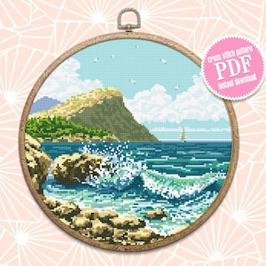 Sea landscape cross stitch pattern download PDF Ocean waves cross stitch chart Nature hand embroidery PDF Summer cross stitch sampler #L37