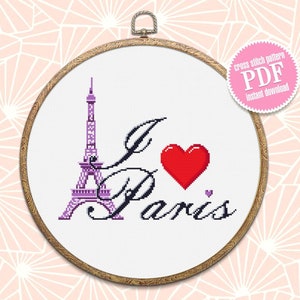 I love Paris cross stitch pattern download PDF Eiffel tower cross stitch chart, Easy beginner embroidery PDF, Paris decor, Heart Paris #E16