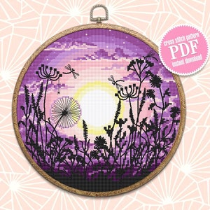 Nature cross stitch pattern download PDF Summer wildflower meadow cross stitch, Nature hoop art embroidery PDF, Flowers cross stitch #L54