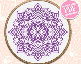 Mandala cross stitch pattern download PDF, Monochrome cross stitch chart, Modern mandala ornament digital PDF, Easy beginner stitch #M54