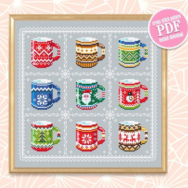 Funny coffee mug cross stitch pattern PDF Christmas mugs cross stitch chart, Winter coffee cup, Holiday pattern download PDF, DIY gift #N93