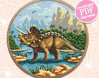 Patrón de punto de cruz de dinosaurio Triceratops en PDF, descarga instantánea. Gráfico de punto de cruz de animales antiguos, patrón digital de Jurassic World #K77