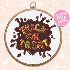 Candy letters trick or treat cross stitch pattern download PDF, Halloween quotes cross stitch, Halloween pattern digital PDF Home decor #H50