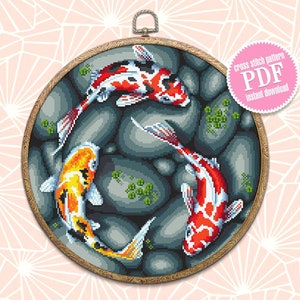 Koi pond cross stitch pattern download PDF, Koi fish cross stitch chart, Fish hand embroidery PDF, Oriental decor, Nature cross stitch #L51