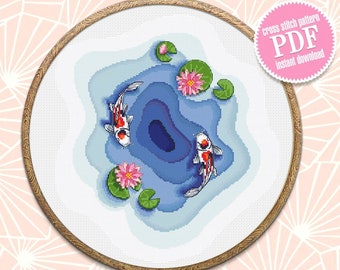 Koi pond cross stitch pattern download PDF, Koi fish cross stitch chart, Fish embroidery design, Oriental decor Water lily cross stitch #L45