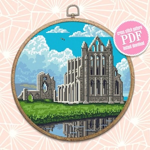 Whitby Abbey middeleeuws kasteel kruissteekpatroon download PDF Dracula&#39;s kasteel borduurwerk PDF, Natuur kruissteek, gotische architectuur #C7