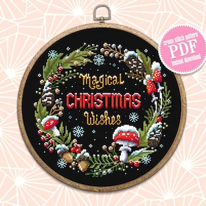 Christmas wreath cross stitch pattern download PDF Magic mushroom cross stitch chart, Holiday embroidery, Christmas pattern digital PDF #N66