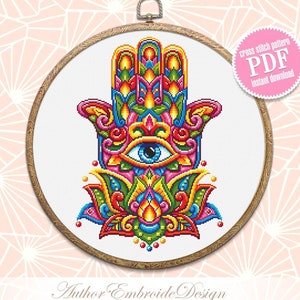 Hamsa Hand Kreuzstich Anleitung PDF download Lotus Blume Mandala Muster PDF, Bunte Hand der Fatima Kreuzstich, Böser Blick Hamsa #M222