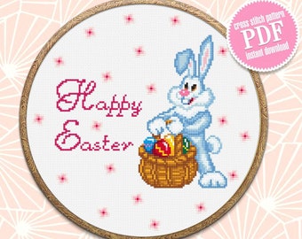 Easter bunny basket cross stitch pattern download PDF Cute rabbit cross stitch chart, Happy Easter ornament cross stitch, Easter eggs #T2