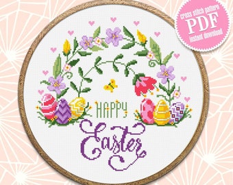 Happy Easter cross stitch pattern PDF Floral rainbow cross stitch chart, Easter rainbow design Instant download PDF, Easter home decor #T6