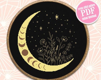Mystical floral moon cross stitch pattern download PDF Moon phase cross stitch chart, Wildflowers blackwork pattern, Magic starry sky #L60