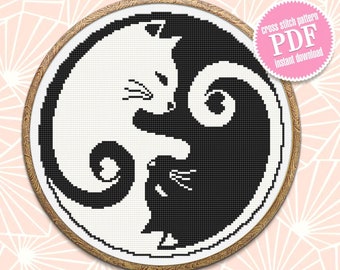 Yin Yang cat cross stitch pattern download PDF, Mandala cat embroidery PDF, Yin and yang cross stitch chart, Quick cross stitch sampler #M89