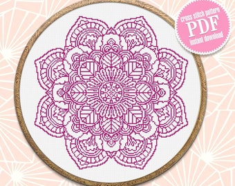 Flower mandala cross stitch pattern download PDF Easy floral ornament cross stitch chart, Mandala embroidery beginner, DIY Home decor #M12