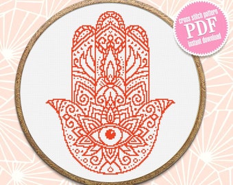 Hamsa hand cross stitch pattern download PDF, Monochrome mandala pattern, Hand of Fatima cross stitch, Evil eye hamsa beginner stitch #M83