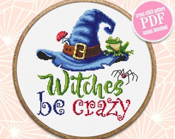 Witches be crazy cross stitch pattern download PDF Halloween witch cross stitch chart, Cute Halloween pattern digital PDF Witches decor #H47