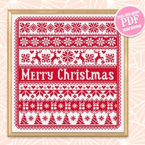 Nordic Christmas cross stitch pattern download PDF, Quaker sampler, Scandinavian Christmas ornament cross stitch, Monochrome embroidery #N72