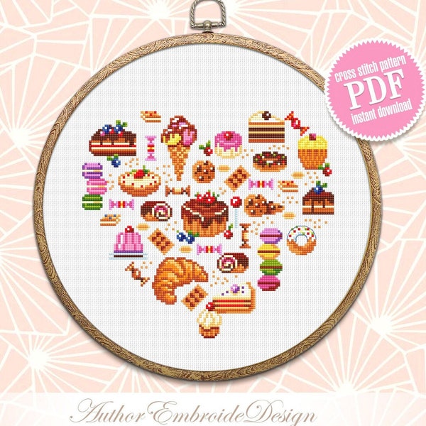Dessert cross stitch pattern download PDF Small sweets sampler cross stitch, Mini food cross stitch chart, Bakery art, Kitchen decor #F14