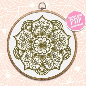 Lotus mandala cross stitch pattern download PDF, Monochrome mandala ornament, Lotus flower cross stitch chart, Mandala pattern PDF #M190