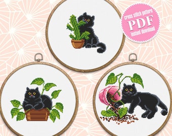 Set black cat cross stitch pattern PDF download House plants cross stitch chart, Funny cat pattern digital PDF, Cat lover gift #K48