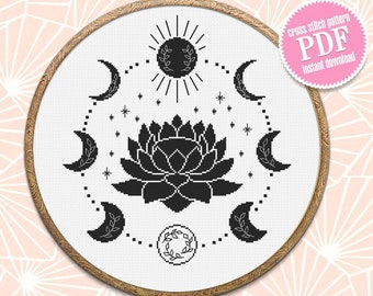 Mystical moon phase cross stitch pattern download PDF Lotus flower cross stitch chart, Floral moon cross stitch, Moon phase decor #L56