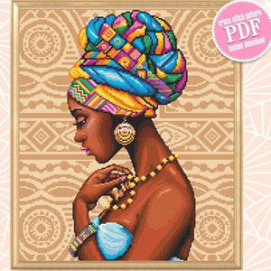 Bellissimo ritratto di donna africana schema punto croce PDF Schema punto croce moderno, Arte murale africana, Download immediato PDF, Arredamento per la casa #O1