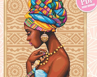 Beautiful african woman portrait cross stitch pattern PDF Modern cross stitch chart, African wall art, Instant download PDF, Home decor #O1