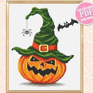 Halloween Kürbis Kreuzstichmuster PDF download Hexenhut Kreuzstichvorlage, Happy Halloween Stickmuster digitale PDF, Halloween Dekor #H5