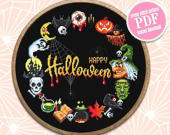 Halloween wreath cross stitch pattern download PDF, Spooky Halloween cross stitch chart, Halloween pattern digital PDF, Beginner stitch #H45