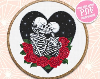 Skeleton couple in love gothic cross stitch pattern download PDF Gothic heart cross stitch chart, Gothic valentine design, Goth wedding #H53