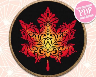 Maple leaf mandala cross stitch pattern PDF download Autumn leaf cross stitch chart, Fall hand embroidery PDF, Vintage leaf ornament #M211