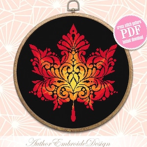 Maple leaf mandala cross stitch pattern PDF download Autumn leaf cross stitch chart, Fall hand embroidery PDF, Vintage leaf ornament #M211