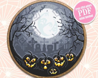 Scary Halloween cross stitch pattern download PDF, Full moon cross stitch chart, Halloween pumpkin cross stitch, Graveyard embroidery #H41