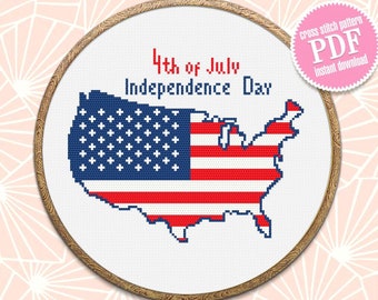 USA map cross stitch pattern PDF download Patriotic cross stitch chart, American flag embroidery, Independence Day july 4 cross stitch #T14