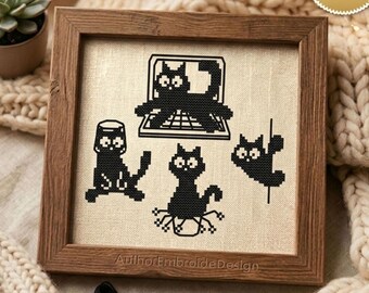 Funny Black Cat Cross Stitch Pattern PDF Download, Minimalist Sarcastic Cat Cross Stitch Chart, Small Easy Needlepoint, Peeking Cats #K96