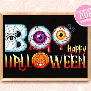 Happy Halloween cross stitch pattern PDF download Boo cross stitch chart, Spooky Halloween pattern digital PDF, Halloween embroidery #H12
