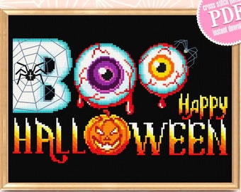 Happy Halloween cross stitch pattern PDF download Boo cross stitch chart, Spooky Halloween pattern digital PDF, Halloween embroidery #H12