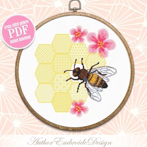 Honey bee cross stitch pattern PDF Honeycomb blackwork patterns download PDF, Honeybee floral blackwork embroidery, Bee hoop art #W14