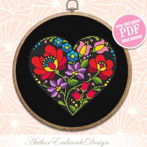 Flower heart cross stitch pattern PDF download Folk flowers cross stitch chart, Floral ornament heart shaped, Heart ornament pattern #P36