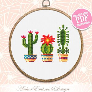 Cactus plant cross stitch pattern PDF download, Easy small cross stitch chart, Floral cross stitch sampler, Blooming cactus embroidery #P23