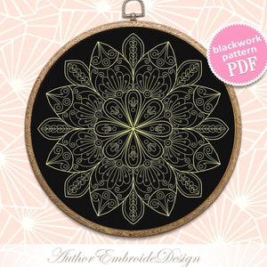 Patrón floral mandala blackwork PDF Blackwork mandala bordado descargar PDF, Gráfico de pespunte Adorno mandala, Bordado Blackwork #W21