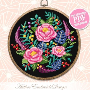 Floral cross stitch pattern PDF download Flowers cross stitch chart, Flower bouquet, Rose flower embroidery PDF, DIY gift plant lover #P29