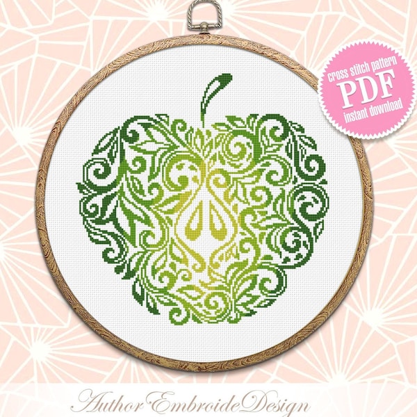 Green apple mandala cross stitch pattern PDF download Fruit cross stitch chart, Apple hand embroidery PDF, Vintage apple ornament #M210