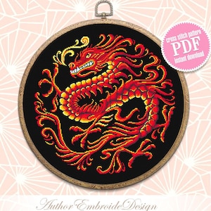 Red dragon cross stitch pattern PDF instant download Fantasy animal cross stitch chart, Dragon embroidery PDF, Chinese dragon ornament  #D11