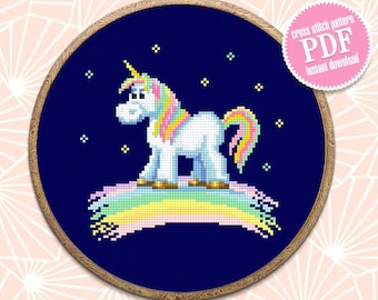 Rainbow unicorn cross stitch pattern download PDF Unicorn hand embroidery PDF Cute animal cross stitch chart, Little horse cross stitch #K11