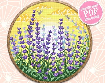 May include: Cross stitch pattern PDF for a lavender field with a yellow sunset and dragonflies. Instant download.