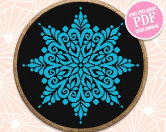 Mandala cross stitch pattern download PDF Easy mandala ornament embroidery PDF Monochrome cross stitch chart Snowflake beginner stitch #M103