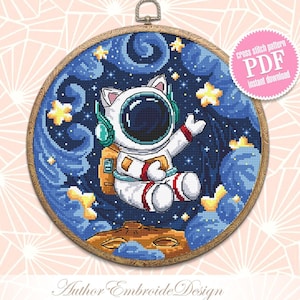 宇宙飛行士猫のクロスステッチ パターン PDF ダウンロード 宇宙にいる面白い猫のクロスステッチ チャート、宇宙猫の刺繍 PDF、宇宙、猫アート #K57