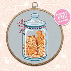 Christmas gingerbread cross stitch pattern download PDF, Christmas jar cross stitch chart, Holiday hand embroidery PDF, Sweet Christmas #N85