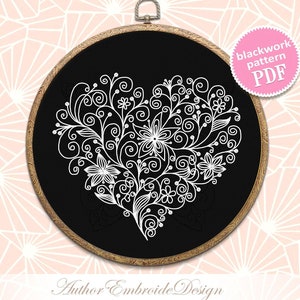 Floral heart blackwork pattern PDF download Flower heart embroidery, Backstitch chart Heart ornament, Floral curls Blackwork embroidery #W25