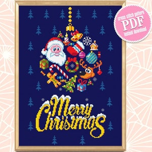Merry Christmas cross stitch pattern PDF download Christmas ball cross stitch chart, Christmas pattern digital PDF, Santa cross stitch #N16